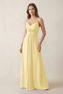 Spaghetti Strap Ruched Chiffon A - Line Bridesmaid Dress in Pastel Yellow - KissProm Bridesmaid Dresses