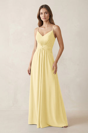 Spaghetti Strap Ruched Chiffon A - Line Bridesmaid Dress in Pastel Yellow - KissProm Bridesmaid Dresses