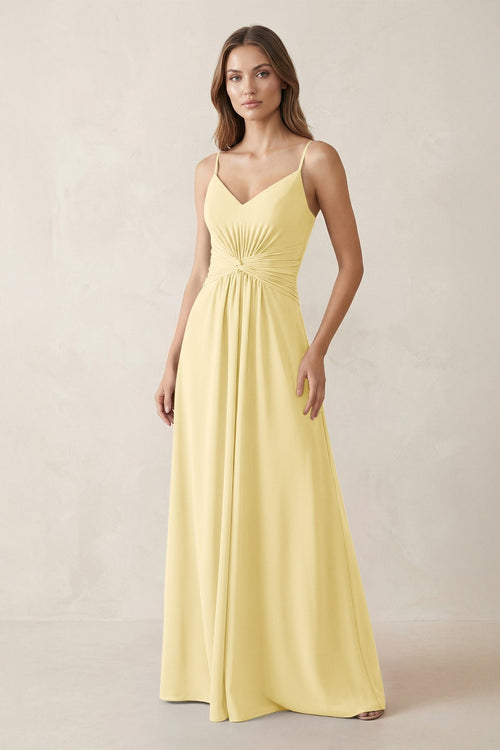 Spaghetti Strap Ruched Chiffon A - Line Bridesmaid Dress in Pastel Yellow - KissProm Bridesmaid Dresses