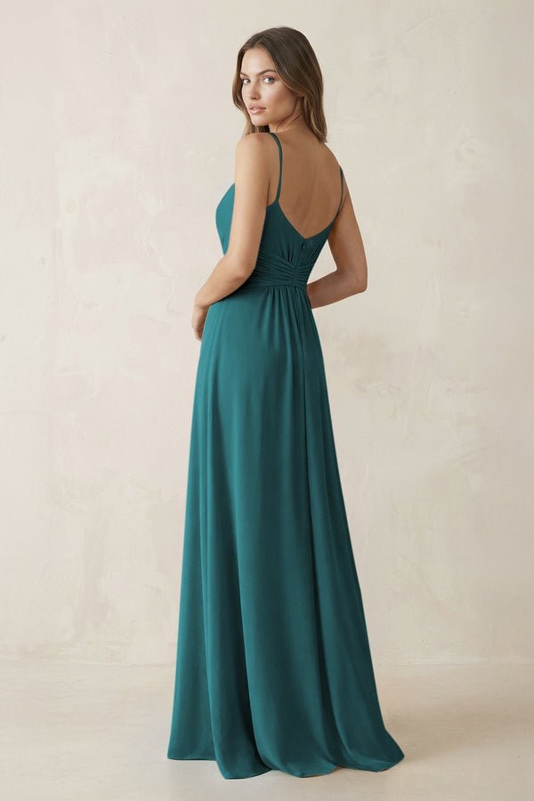 Spaghetti Strap Ruched Chiffon A - Line Bridesmaid Dress in Pine - KissProm Bridesmaid Dresses