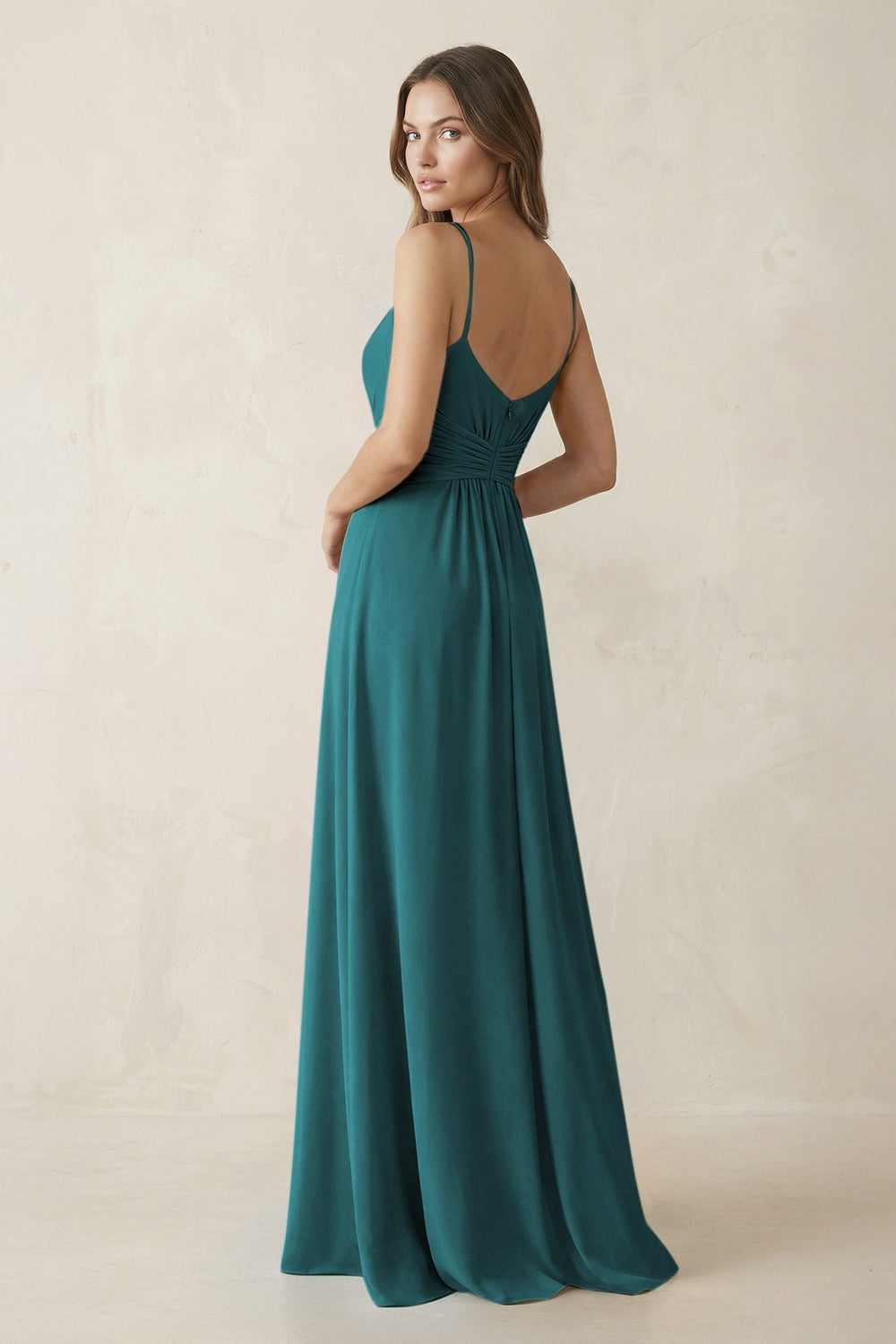 Spaghetti Strap Ruched Chiffon A - Line Bridesmaid Dress in Pine - KissProm Bridesmaid Dresses