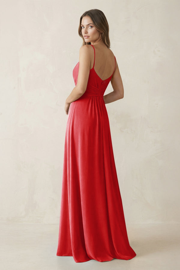 Spaghetti Strap Ruched Chiffon A - Line Bridesmaid Dress in Ruby Red - KissProm Bridesmaid Dresses