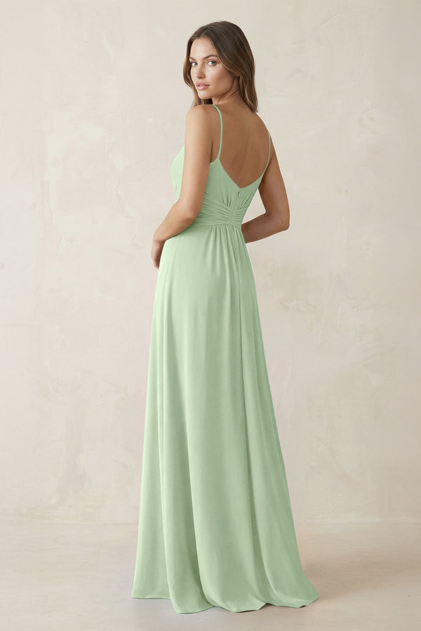 Spaghetti Strap Ruched Chiffon A - Line Bridesmaid Dress in Sage - KissProm Bridesmaid Dresses