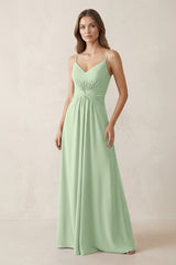 Spaghetti Strap Ruched Chiffon A - Line Bridesmaid Dress in Sage - KissProm Bridesmaid Dresses