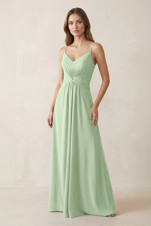 Spaghetti Strap Ruched Chiffon A - Line Bridesmaid Dress in Sage - KissProm Bridesmaid Dresses