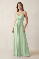 Spaghetti Strap Ruched Chiffon A - Line Bridesmaid Dress in Sage - KissProm Bridesmaid Dresses