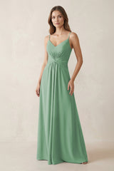 Spaghetti Strap Ruched Chiffon A - Line Bridesmaid Dress in Sea Glass - KissProm Bridesmaid Dresses