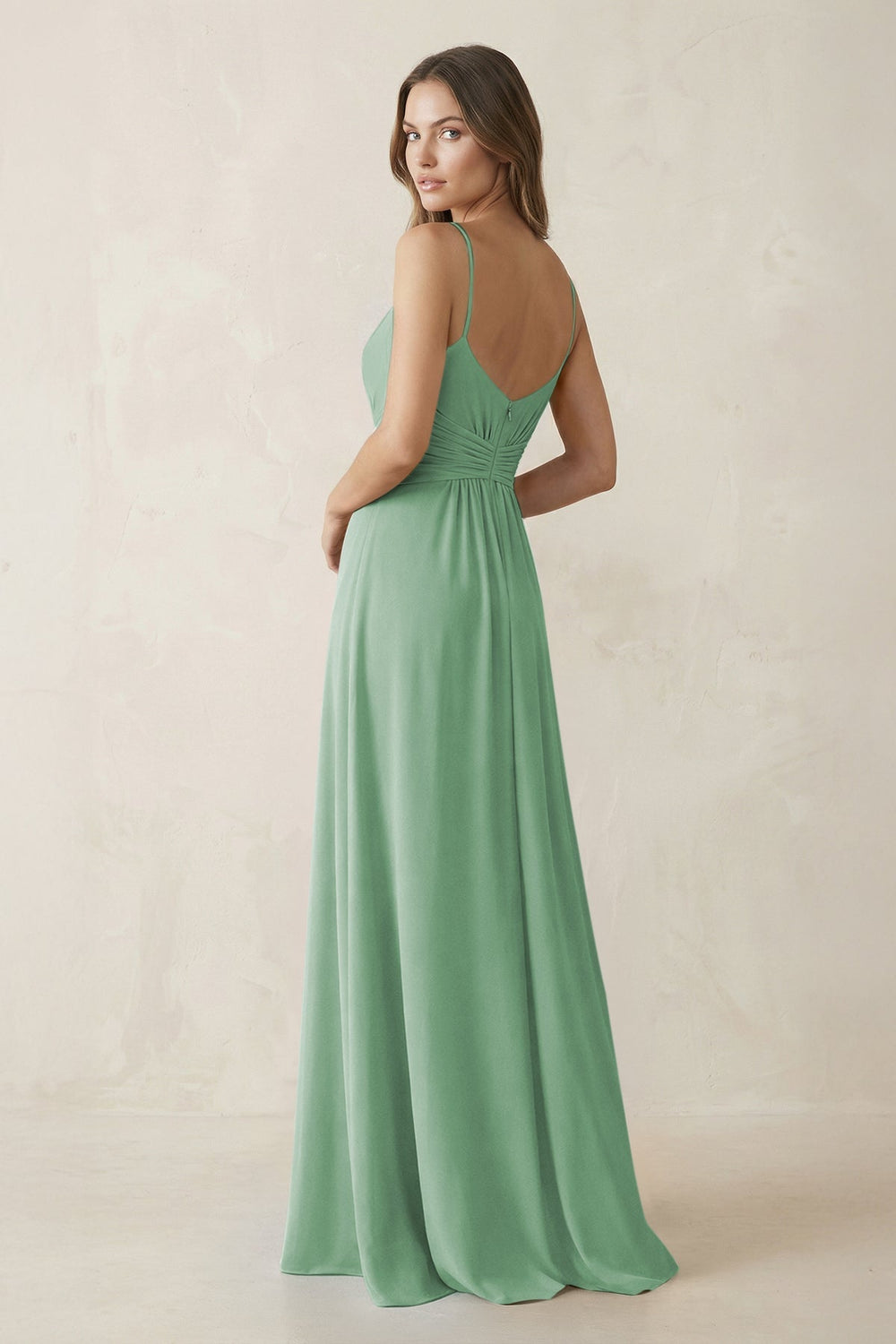 Spaghetti Strap Ruched Chiffon A - Line Bridesmaid Dress in Sea Glass - KissProm Bridesmaid Dresses