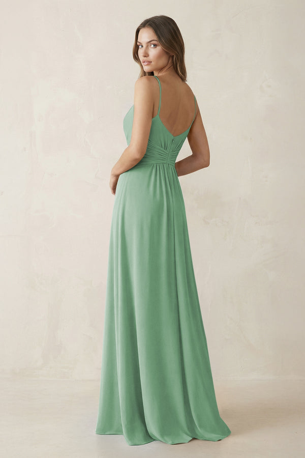 Spaghetti Strap Ruched Chiffon A - Line Bridesmaid Dress in Sea Glass - KissProm Bridesmaid Dresses