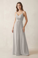 Spaghetti Strap Ruched Chiffon A - Line Bridesmaid Dress in Silver - KissProm Bridesmaid Dresses
