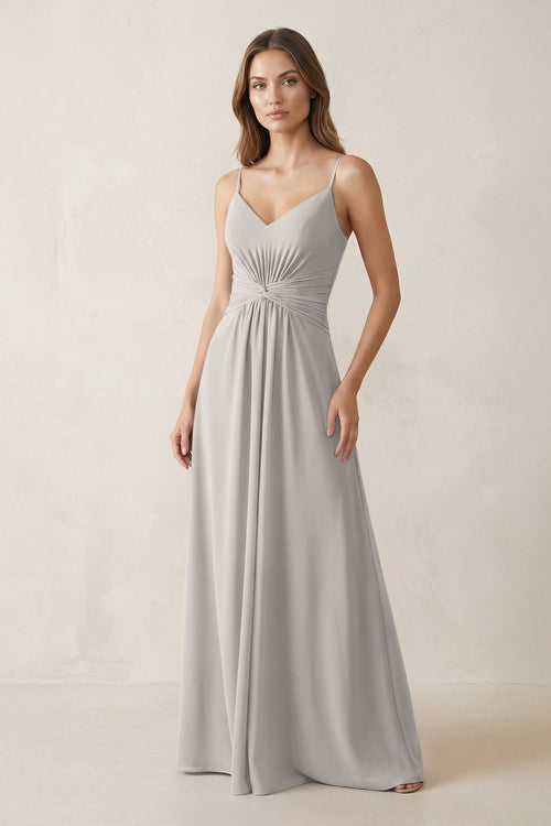 Spaghetti Strap Ruched Chiffon A - Line Bridesmaid Dress in Silver - KissProm Bridesmaid Dresses