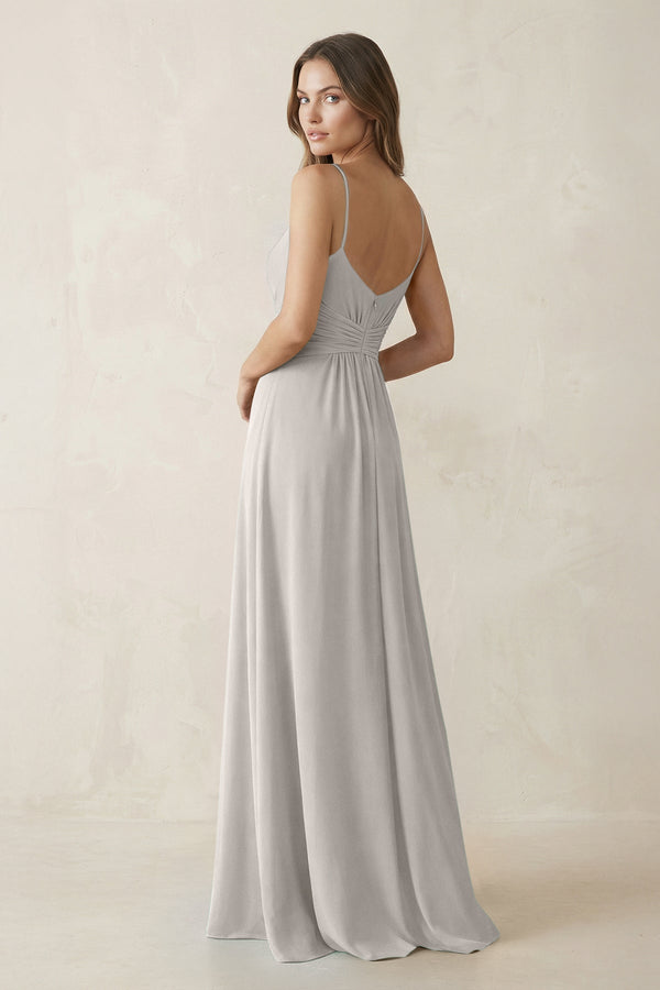 Spaghetti Strap Ruched Chiffon A - Line Bridesmaid Dress in Silver - KissProm Bridesmaid Dresses
