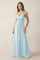 Spaghetti Strap Ruched Chiffon A - Line Bridesmaid Dress in Sky Blue - KissProm Bridesmaid Dresses