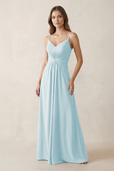 Spaghetti Strap Ruched Chiffon A - Line Bridesmaid Dress in Sky Blue - KissProm Bridesmaid Dresses