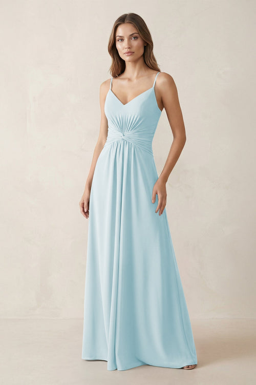 Spaghetti Strap Ruched Chiffon A - Line Bridesmaid Dress in Sky Blue - KissProm Bridesmaid Dresses