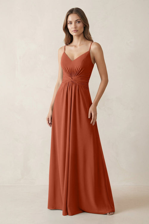 Spaghetti Strap Ruched Chiffon A - Line Bridesmaid Dress in Spice - KissProm Bridesmaid Dresses