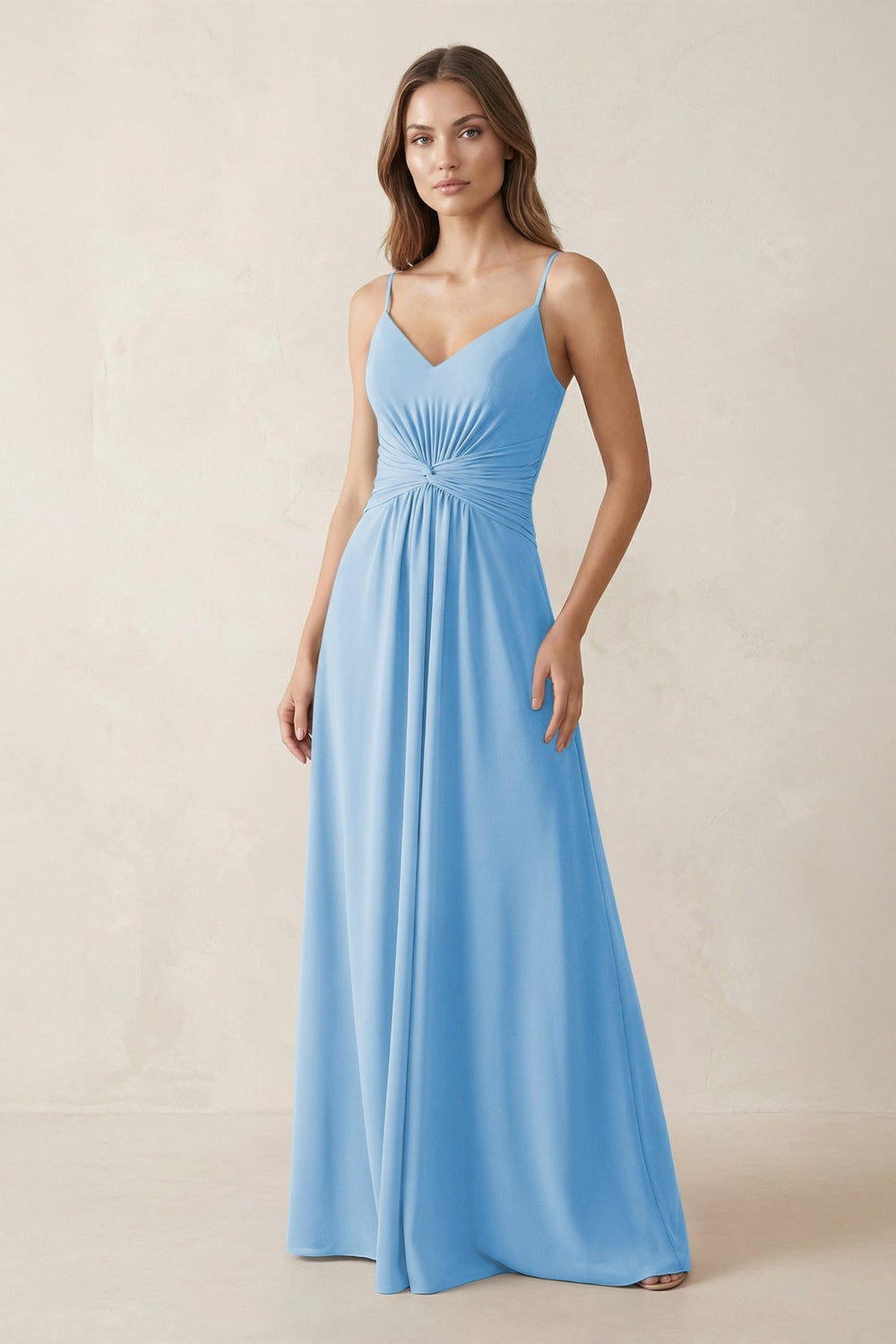 Spaghetti Strap Ruched Chiffon A - Line Bridesmaid Dress in Steel Blue - KissProm Bridesmaid Dresses