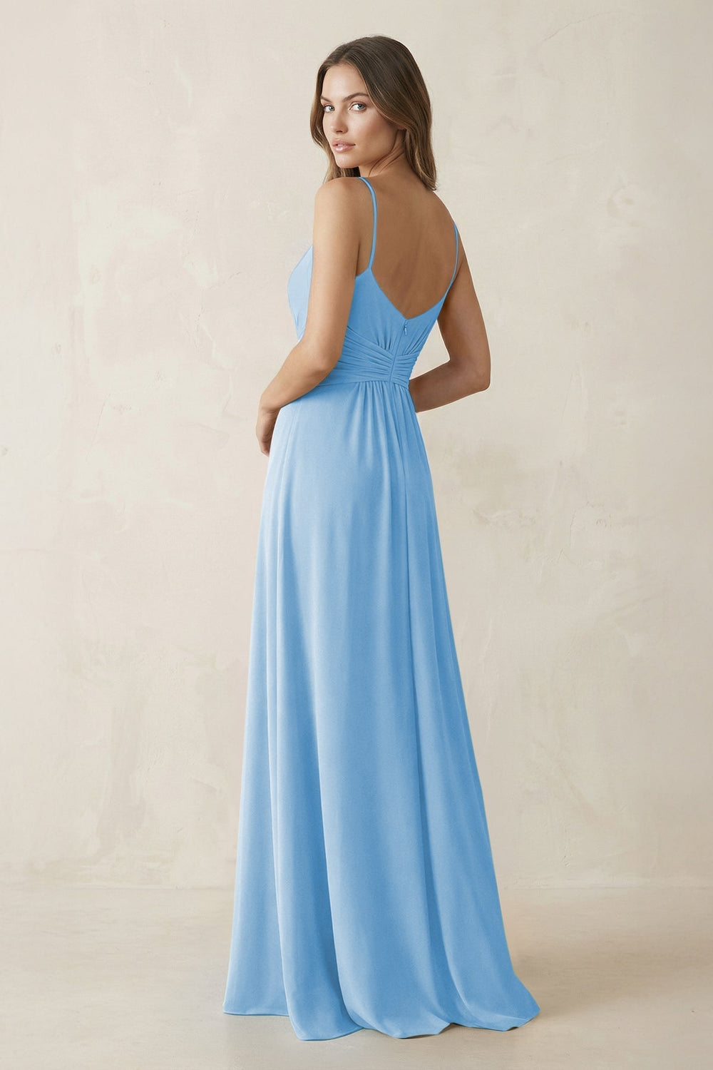 Spaghetti Strap Ruched Chiffon A - Line Bridesmaid Dress in Steel Blue - KissProm Bridesmaid Dresses