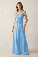 Spaghetti Strap Ruched Chiffon A - Line Bridesmaid Dress in Steel Blue - KissProm Bridesmaid Dresses