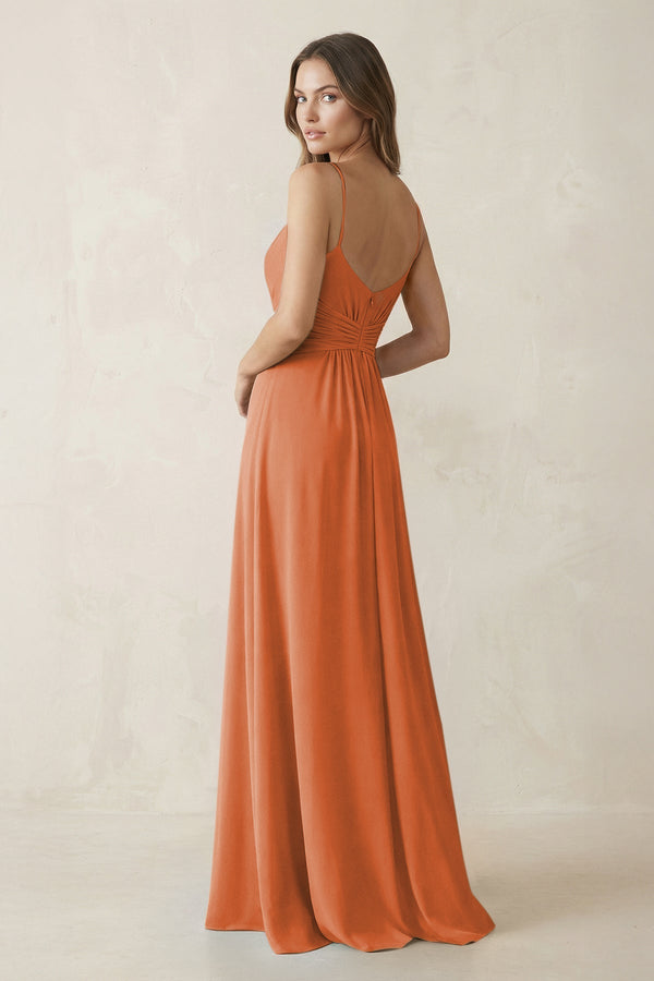 Spaghetti Strap Ruched Chiffon A - Line Bridesmaid Dress in Terracotta - KissProm Bridesmaid Dresses