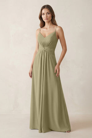 Spaghetti Strap Ruched Chiffon A - Line Bridesmaid Dress in Thyme - KissProm Bridesmaid Dresses
