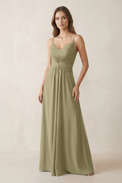 Spaghetti Strap Ruched Chiffon A - Line Bridesmaid Dress in Thyme - KissProm Bridesmaid Dresses