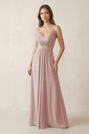 Spaghetti Strap Ruched Chiffon A - Line Bridesmaid Dress in Toffee - KissProm Bridesmaid Dresses