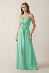 Spaghetti Strap Ruched Chiffon A - Line Bridesmaid Dress in Turquoise - KissProm Bridesmaid Dresses