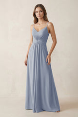 Spaghetti Strap Ruched Chiffon A - Line Bridesmaid Dress in Twilight - KissProm Bridesmaid Dresses