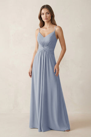 Spaghetti Strap Ruched Chiffon A - Line Bridesmaid Dress in Twilight - KissProm Bridesmaid Dresses