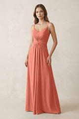 Spaghetti Strap Ruched Chiffon A - Line Bridesmaid Dress in Wild Rose - KissProm Bridesmaid Dresses