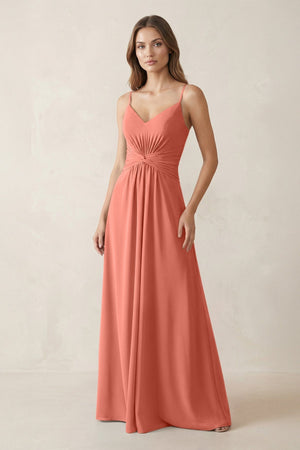Spaghetti Strap Ruched Chiffon A - Line Bridesmaid Dress in Wild Rose - KissProm Bridesmaid Dresses