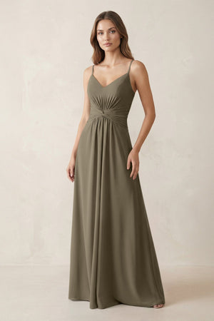 Spaghetti Strap Ruched Chiffon A - Line Bridesmaid Dress in Willow Green - KissProm Bridesmaid Dresses