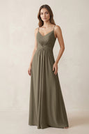 Spaghetti Strap Ruched Chiffon A - Line Bridesmaid Dress in Willow Green - KissProm Bridesmaid Dresses