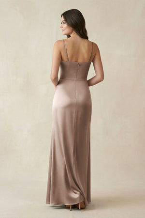 Spaghetti Strap Ruched Sheath Satin Bridesmaid Dress in Almond - KissProm Bridesmaid Dresses
