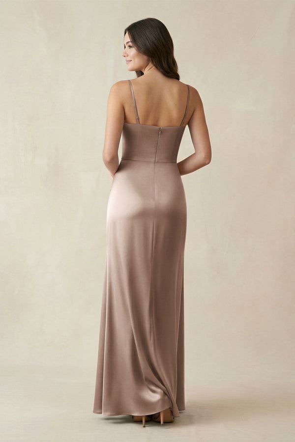 Spaghetti Strap Ruched Sheath Satin Bridesmaid Dress in Almond - KissProm Bridesmaid Dresses