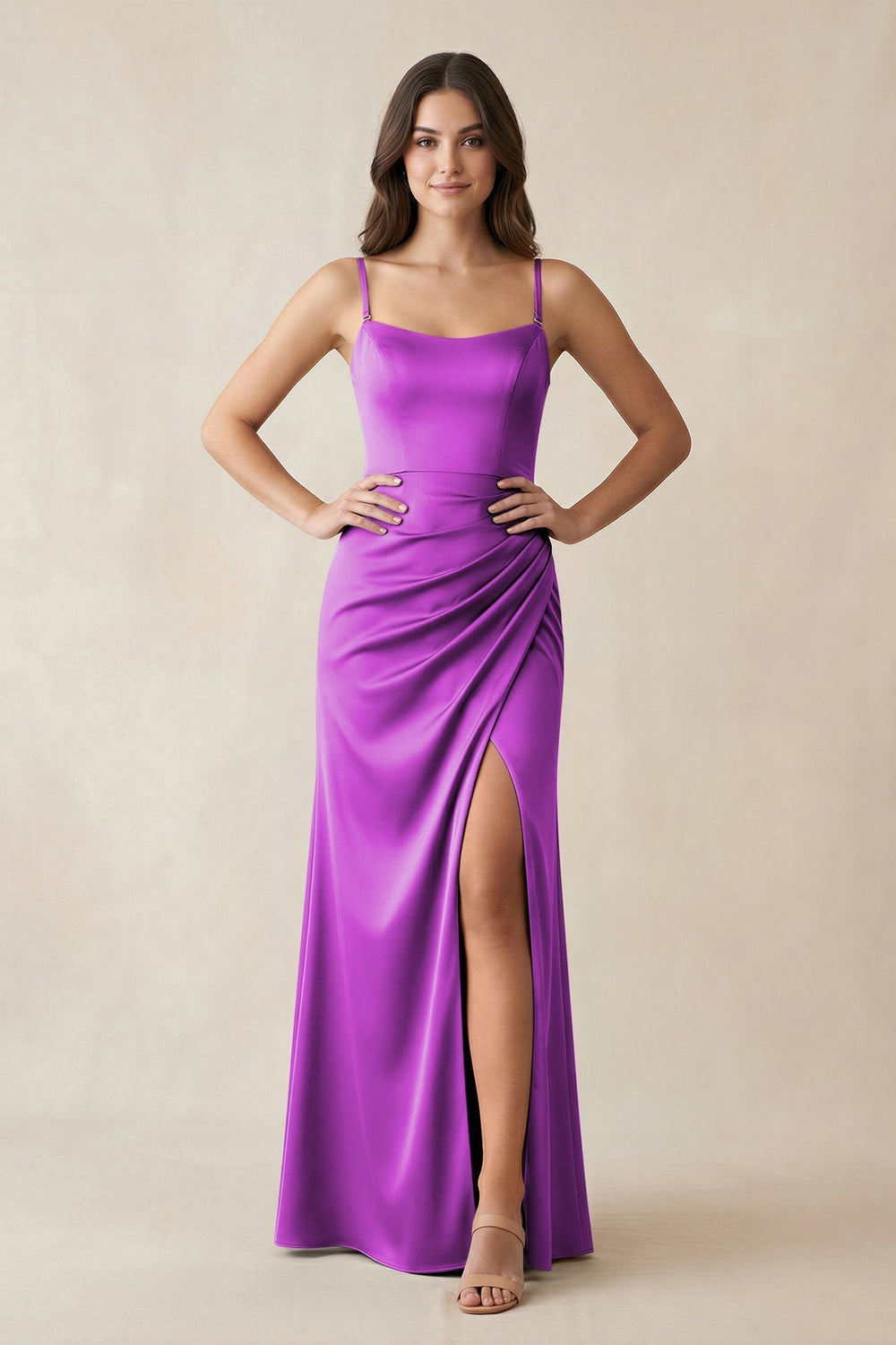Spaghetti Strap Ruched Sheath Satin Bridesmaid Dress in Amethyst - KissProm Bridesmaid Dresses