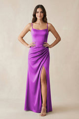 Spaghetti Strap Ruched Sheath Satin Bridesmaid Dress in Amethyst - KissProm Bridesmaid Dresses
