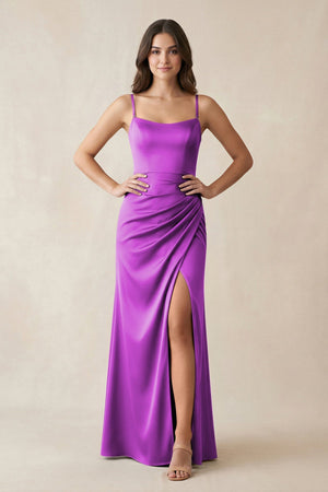 Spaghetti Strap Ruched Sheath Satin Bridesmaid Dress in Amethyst - KissProm Bridesmaid Dresses