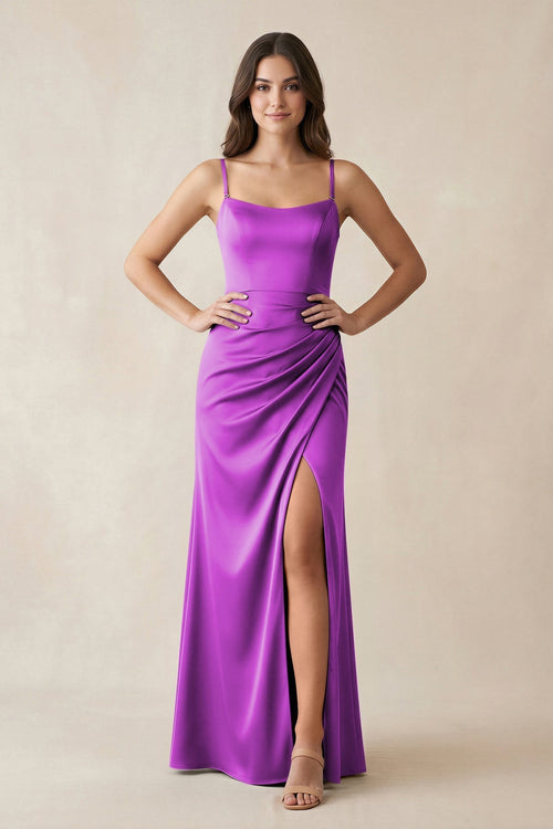 Spaghetti Strap Ruched Sheath Satin Bridesmaid Dress in Amethyst - KissProm Bridesmaid Dresses