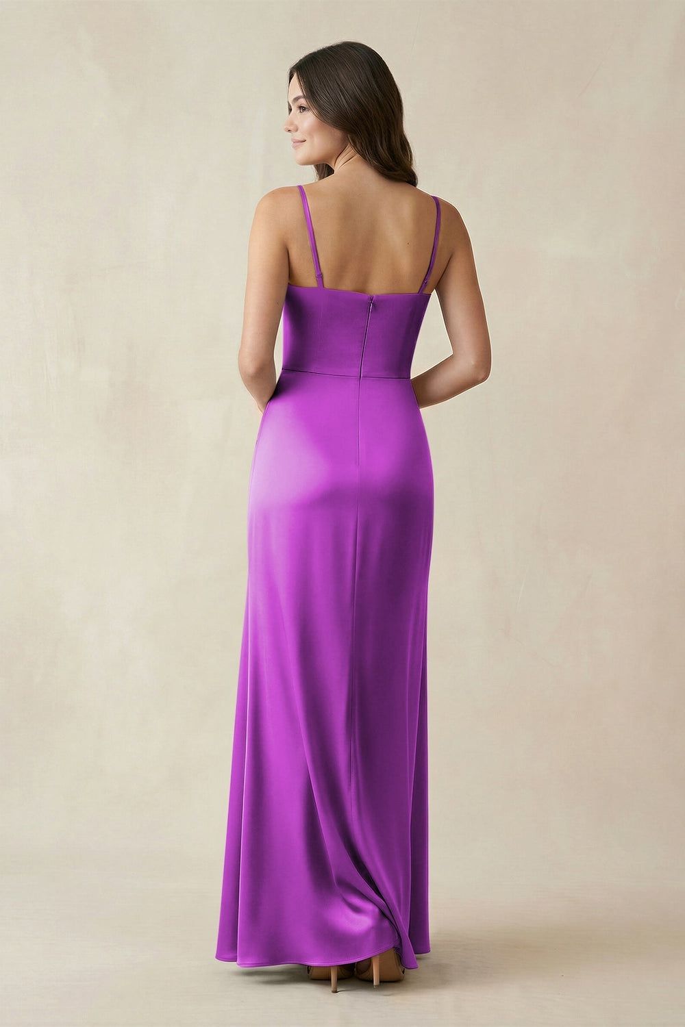 Spaghetti Strap Ruched Sheath Satin Bridesmaid Dress in Amethyst - KissProm Bridesmaid Dresses