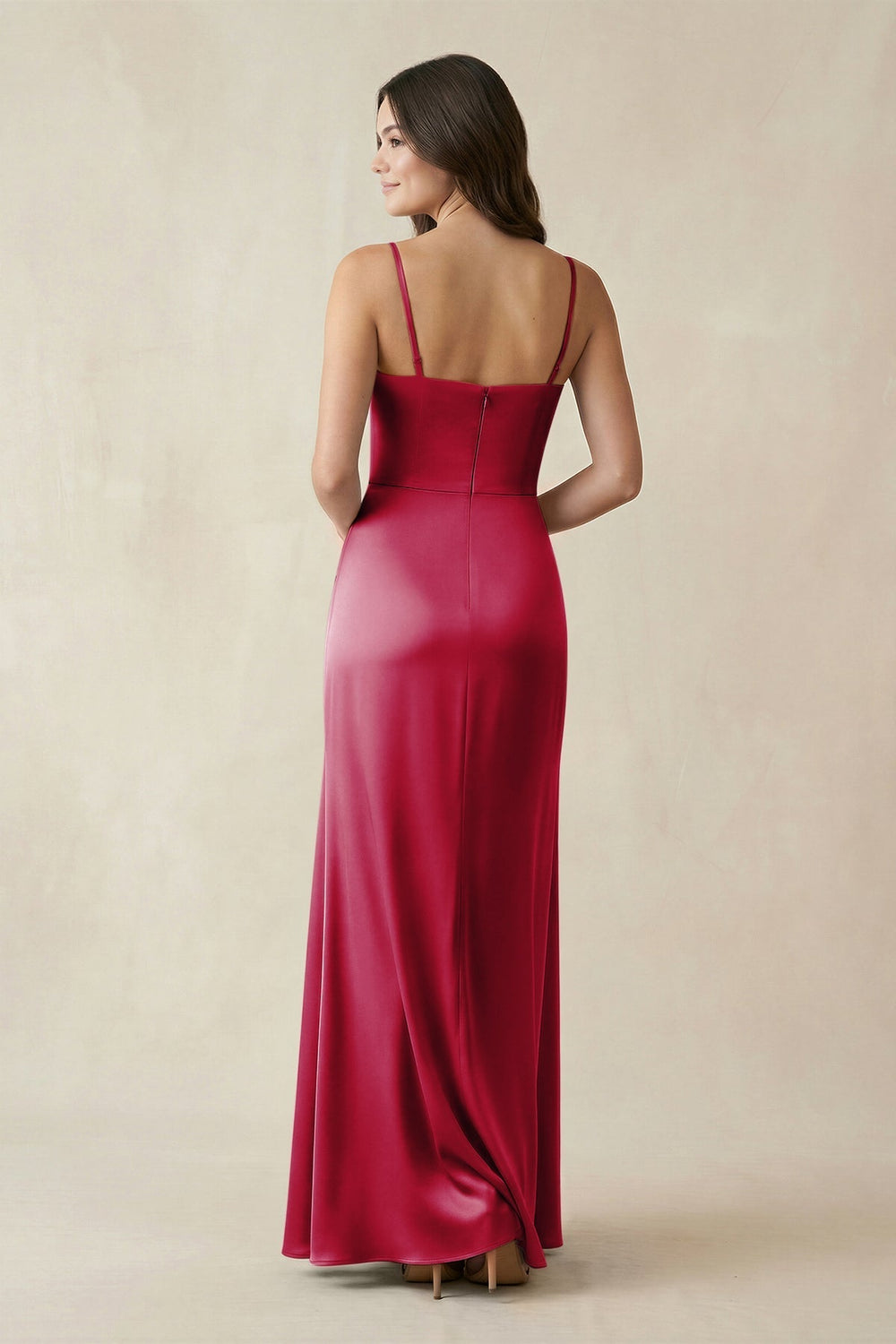 Spaghetti Strap Ruched Sheath Satin Bridesmaid Dress in Berry - KissProm Bridesmaid Dresses