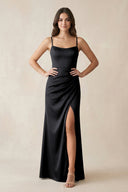 Spaghetti Strap Ruched Sheath Satin Bridesmaid Dress in Black - KissProm Bridesmaid Dresses