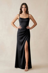 Spaghetti Strap Ruched Sheath Satin Bridesmaid Dress in Black - KissProm Bridesmaid Dresses