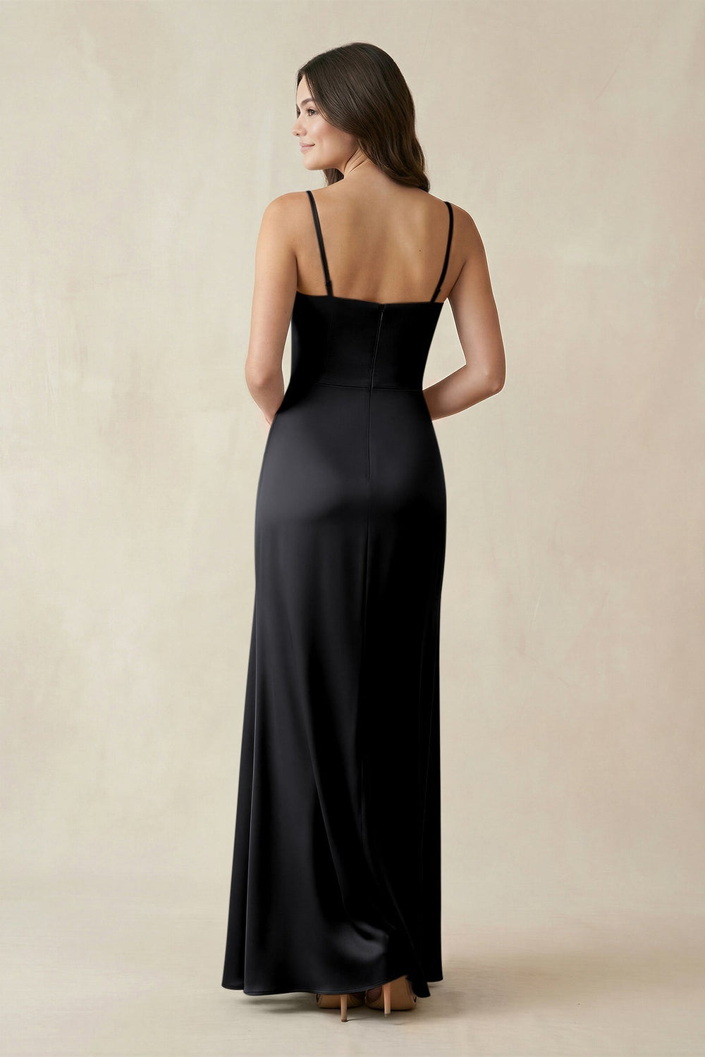 Spaghetti Strap Ruched Sheath Satin Bridesmaid Dress in Black - KissProm Bridesmaid Dresses