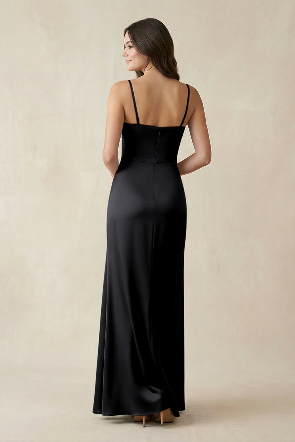 Spaghetti Strap Ruched Sheath Satin Bridesmaid Dress in Black - KissProm Bridesmaid Dresses