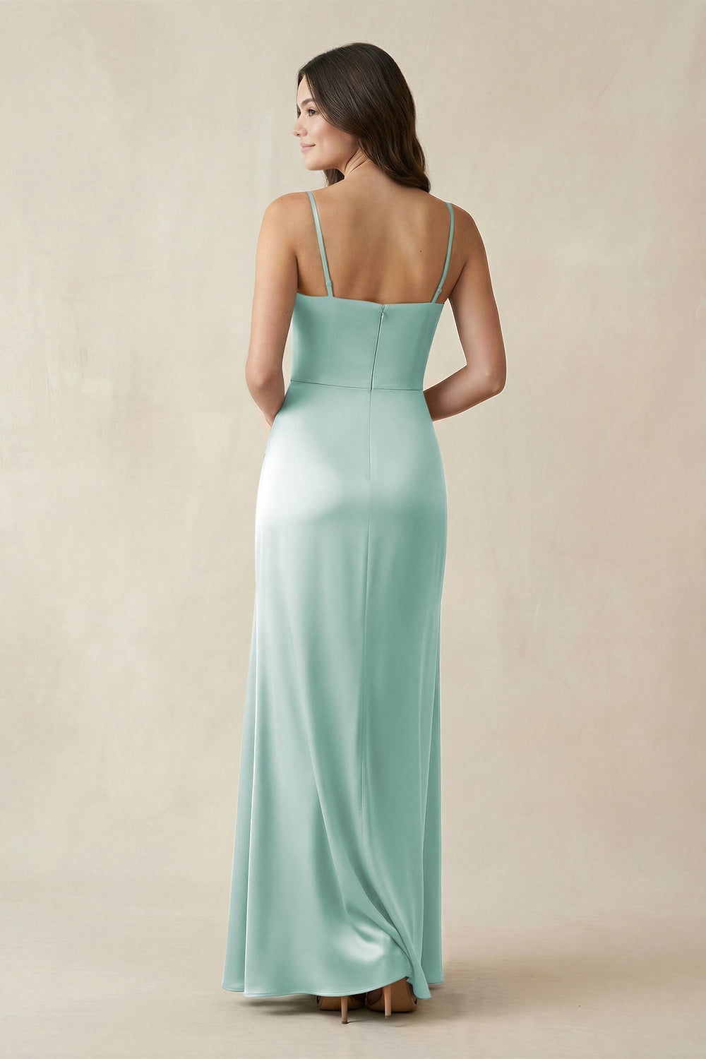 Spaghetti Strap Ruched Sheath Satin Bridesmaid Dress in Bleached Aqua - KissProm Bridesmaid Dresses