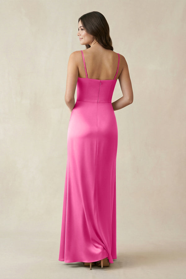 Spaghetti Strap Ruched Sheath Satin Bridesmaid Dress in Bon Bon Pink - KissProm Bridesmaid Dresses