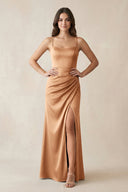 Spaghetti Strap Ruched Sheath Satin Bridesmaid Dress in Bronzer - KissProm Bridesmaid Dresses