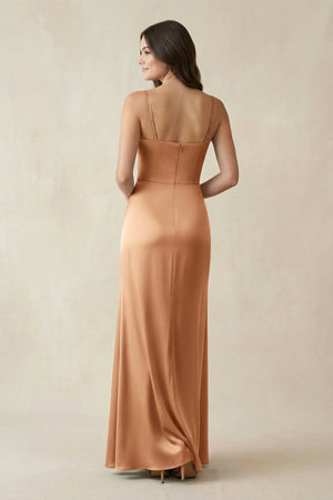 Spaghetti Strap Ruched Sheath Satin Bridesmaid Dress in Bronzer - KissProm Bridesmaid Dresses